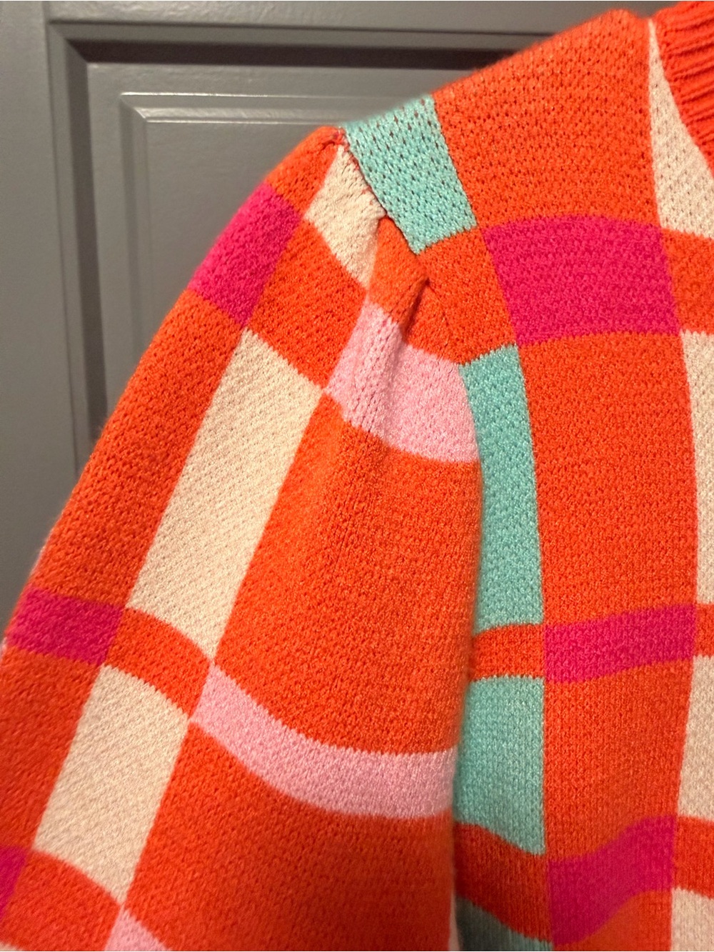 THML Long Sleeve Knit Orange Plaid Colorblock Crewneck Sweater MEDIUM - Picture 3 of 6